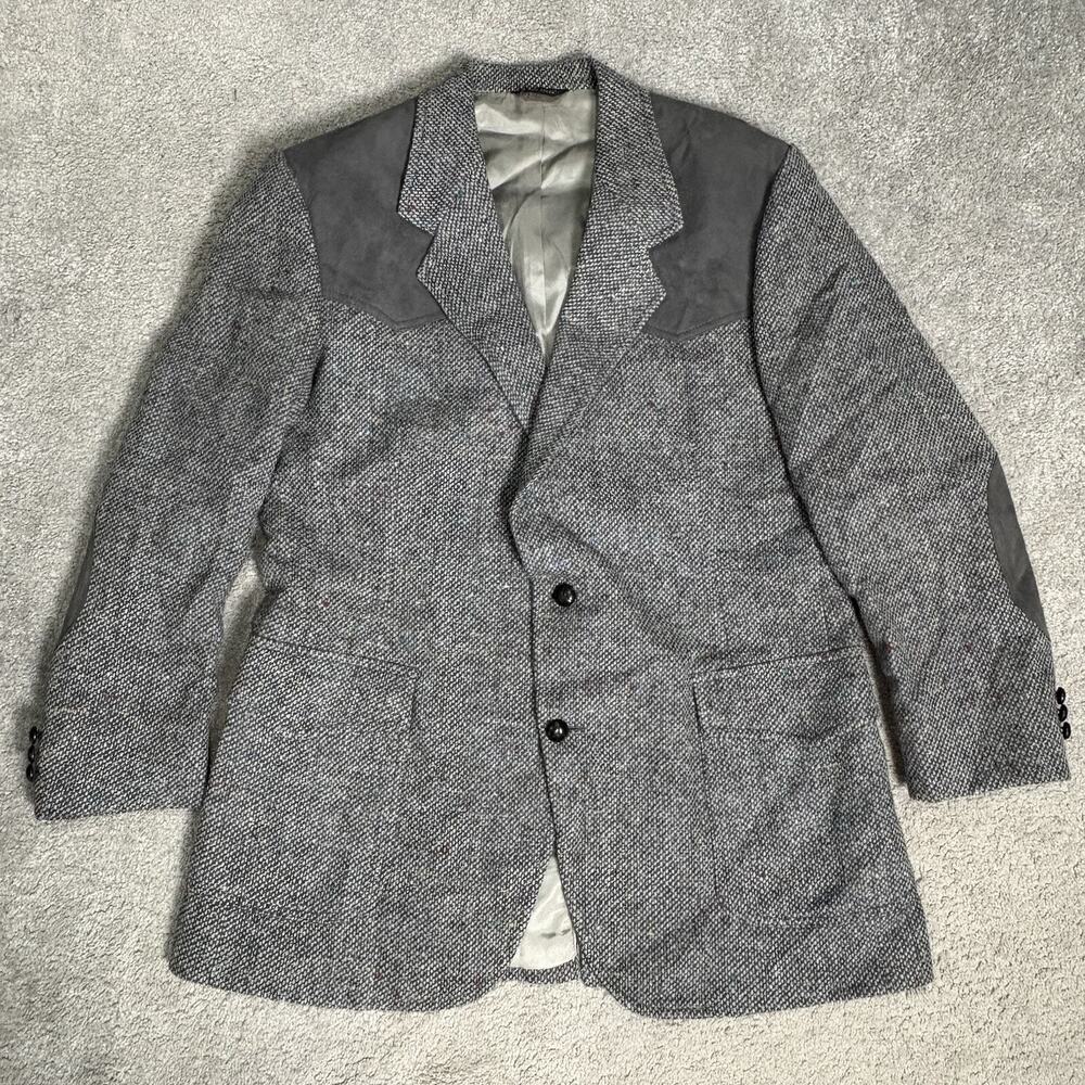 Pendleton Mens Virgin Wool Blazer Western Sport Coat Gray Suede Patches Sz 44L